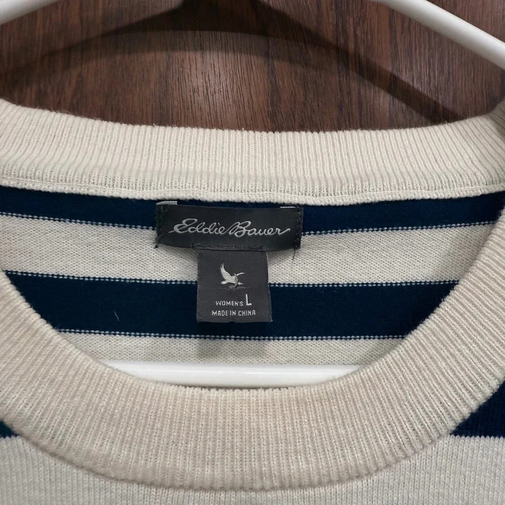Eddie Bauer Striped Crew Neck Sweater Cotton‎ Blend 3/4 Sleeve Top Large